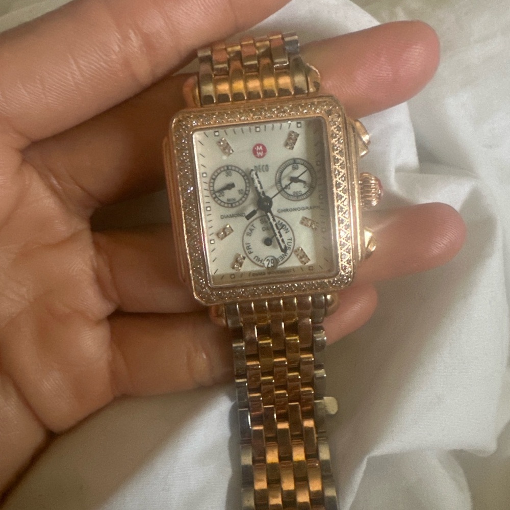 Michele Deco Diamond Chronograph Watch – Tri-Tone